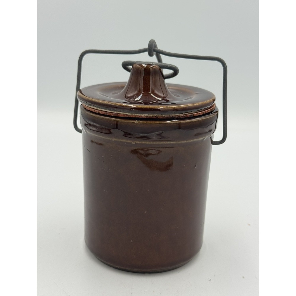 Vintage Brown Stoneware Canister Crock Wire Bail Lid Rustic Kitchen Storage